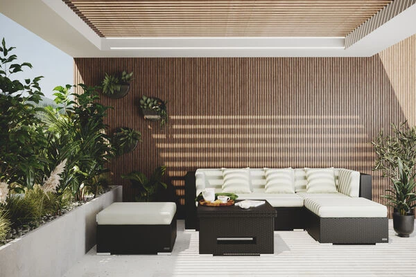 OUTFLEXX Loungemöbel-Set, Braun, Polyrattan, 5 Personen, Wasserfeste Kissenbox, Inkl. Loungetisch 2 OUTFLEXX Loungemöbel-Set, Braun, Polyrattan, 5 Personen, Wasserfeste Kissenbox, Inkl. Loungetisch – Bild 2