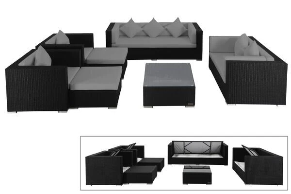 OUTFLEXX Loungemöbel-Set, Schwarz, Polyrattan, Für 9 Personen, Inkl. Kaffeetisch, Wasserfeste Kissenbox 1 OUTFLEXX Loungemöbel-Set, Schwarz, Polyrattan, Für 9 Personen, Inkl. Kaffeetisch, Wasserfeste Kissenbox