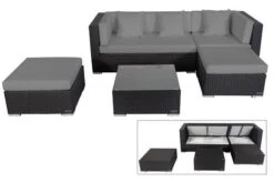 OUTFLEXX Loungemöbel-Set, Schwarz, Polyrattan, 5 Personen, Wasserfeste Kissenbox, Inkl. Kaffeetisch