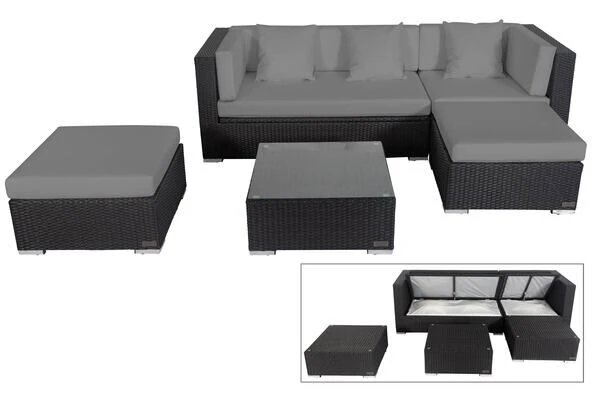 OUTFLEXX Loungemöbel-Set, Schwarz, Polyrattan, 5 Personen, Wasserfeste Kissenbox, Inkl. Kaffeetisch 1 OUTFLEXX Loungemöbel-Set, Schwarz, Polyrattan, 5 Personen, Wasserfeste Kissenbox, Inkl. Kaffeetisch