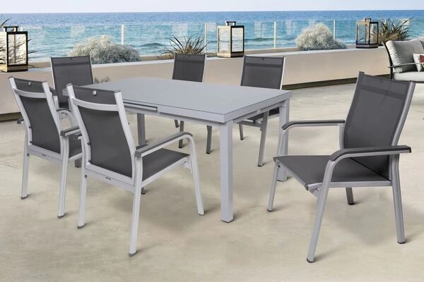 KETTLER BasicPlus Esstischgarnitur, Silber, Alu/Textilene, Tisch 180/240x100cm, 6 Stapelsessel 1 KETTLER BasicPlus Esstischgarnitur, Silber, Alu/Textilene, Tisch 180/240x100cm, 6 Stapelsessel