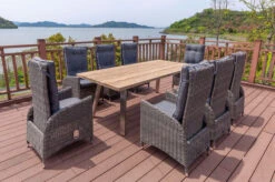 OUTFLEXX Esstischgarnitur, Edelstahl/recyceltes FSC-Teak, Tisch 220x100 Cm, 8 Hochlehner- Diningsessel, A-Gestell