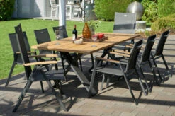 HARTMAN Xanadu / Aruba Set, Xerix/anthrazit, Alu/Teakholz, 6 Stapelsessel, 2 Multipos, Teakarmlehnen, 220x100cm