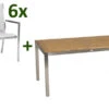 STERN Cardiff Esstischgarnitur, Silber, Edelstahl/Textilen/FSC-Teak/Alu, 162/220 X 90 Cm, Butterfly-Auszug, 6 Stapelsessel