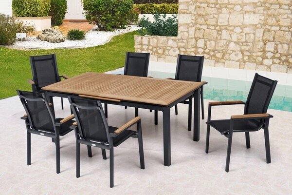 OUTFLEXX Esstischgarnitur, OUTFLEXX® Anthrazit Matt, Alu / Teak / Textil, Tisch 180/240x100cm, 6 Stapelsessel 1 OUTFLEXX Esstischgarnitur, OUTFLEXX® Anthrazit Matt, Alu / Teak / Textil, Tisch 180/240x100cm, 6 Stapelsessel