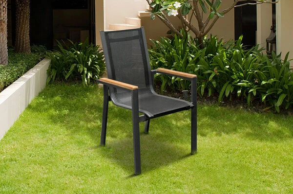 OUTFLEXX Esstischgarnitur, OUTFLEXX® Anthrazit Matt, Alu / Teak / Textil, Tisch 180/240x100cm, 6 Stapelsessel 3 OUTFLEXX Esstischgarnitur, OUTFLEXX® Anthrazit Matt, Alu / Teak / Textil, Tisch 180/240x100cm, 6 Stapelsessel – Bild 3