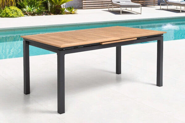 OUTFLEXX Esstischgarnitur, OUTFLEXX® Anthrazit Matt, Alu / Teak / Textil, Tisch 180/240x100cm, 6 Stapelsessel 4 OUTFLEXX Esstischgarnitur, OUTFLEXX® Anthrazit Matt, Alu / Teak / Textil, Tisch 180/240x100cm, 6 Stapelsessel – Bild 4