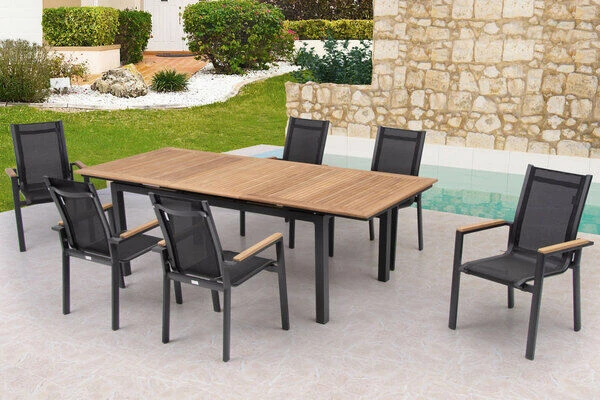 OUTFLEXX Esstischgarnitur, OUTFLEXX® Anthrazit Matt, Alu / Teak / Textil, Tisch 180/240x100cm, 6 Stapelsessel 6 OUTFLEXX Esstischgarnitur, OUTFLEXX® Anthrazit Matt, Alu / Teak / Textil, Tisch 180/240x100cm, 6 Stapelsessel – Bild 6