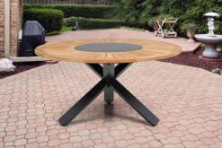 OUTFLEXX Esstischgarnitur, OUTFLEXX® Anthrazit Matt, Alu / Teak / Textil, Esstisch Ø 150 Cm, 5 Stapelstühle -Gartenmöbel 22201 4.jpg