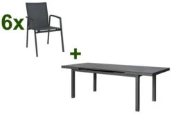 STERN New Top Esstischgarnitur, Anthrazit, Alu / Glas / Textil, Tisch 180/240x100cm, 6 Stapelsessel