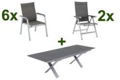 KETTLER BasicPlus Esstischgarnitur, Silber / Anthrazit, Alu / Spraystone / Textil, Tisch 180/280x100cm, 6 Stapelsessel, 2 Multipo