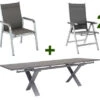 KETTLER BasicPlus Esstischgarnitur, Silber / Anthrazit, Alu / HPL / Textil, Tisch 180/280x100cm, 6 Stapelsessel, 2 Multipo