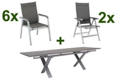 KETTLER BasicPlus Esstischgarnitur, Silber / Anthrazit, Alu / HPL / Textil, Tisch 180/280x100cm, 6 Stapelsessel, 2 Multipo