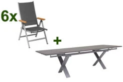 KETTLER Granada Esstischgarnitur, Silber / Anthrazit, Alu / HPL / Teak, Tisch 180/280x100cm, 6 Multipositionssessel