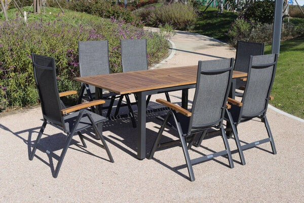 VILLANA Esstischgarnitur, Anthrazit/grau, Alu/ FSC-Akazienholz, Ausziehtisch 150/200 Cm, 6 Multipositionssessel 1 VILLANA Esstischgarnitur, Anthrazit/grau, Alu/ FSC-Akazienholz, Ausziehtisch 150/200 Cm, 6 Multipositionssessel