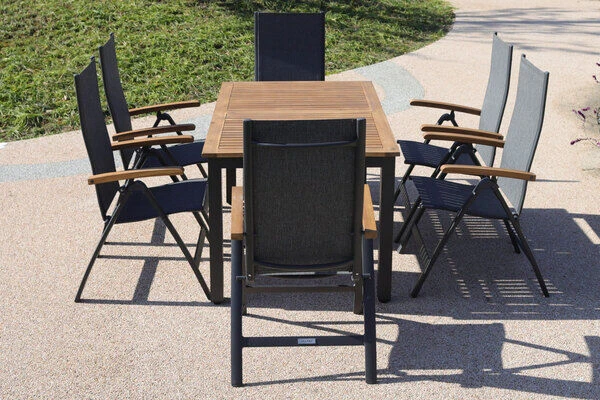 VILLANA Esstischgarnitur, Anthrazit/grau, Alu/ FSC-Akazienholz, Ausziehtisch 150/200 Cm, 6 Multipositionssessel 5 VILLANA Esstischgarnitur, Anthrazit/grau, Alu/ FSC-Akazienholz, Ausziehtisch 150/200 Cm, 6 Multipositionssessel – Bild 5