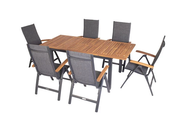 VILLANA Esstischgarnitur, Anthrazit/grau, Alu/ FSC-Akazienholz, Ausziehtisch 150/200 Cm, 6 Multipositionssessel 6 VILLANA Esstischgarnitur, Anthrazit/grau, Alu/ FSC-Akazienholz, Ausziehtisch 150/200 Cm, 6 Multipositionssessel – Bild 6