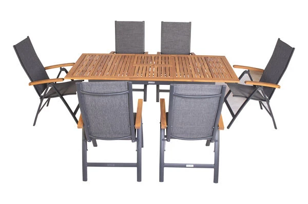 VILLANA Esstischgarnitur, Anthrazit/grau, Alu/ FSC-Akazienholz, Ausziehtisch 150/200 Cm, 6 Multipositionssessel 8 VILLANA Esstischgarnitur, Anthrazit/grau, Alu/ FSC-Akazienholz, Ausziehtisch 150/200 Cm, 6 Multipositionssessel – Bild 8