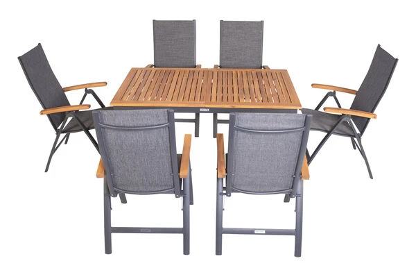 VILLANA Esstischgarnitur, Anthrazit/grau, Alu/ FSC-Akazienholz, Ausziehtisch 150/200 Cm, 6 Multipositionssessel 9 VILLANA Esstischgarnitur, Anthrazit/grau, Alu/ FSC-Akazienholz, Ausziehtisch 150/200 Cm, 6 Multipositionssessel – Bild 9