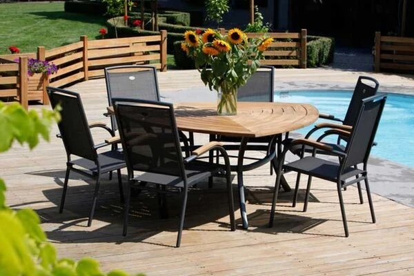 HARTMAN Raffaelo Stapelsessel, Xerix/anthrazit, Alu/Textilene, Mit FSC-Teak-Armlehnen 2 HARTMAN Raffaelo Stapelsessel, Xerix/anthrazit, Alu/Textilene, Mit FSC-Teak-Armlehnen – Bild 2