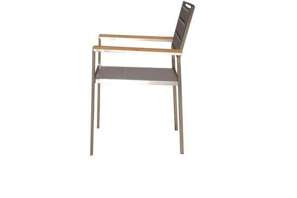 OUTFLEXX Stuhl, Taupe, Edelstahl/Textilene, Padded, Armlehnen Aus FSC-Teakholz, 62x56,5x86cm 2 OUTFLEXX Stuhl, Taupe, Edelstahl/Textilene, Padded, Armlehnen Aus FSC-Teakholz, 62x56,5x86cm – Bild 2