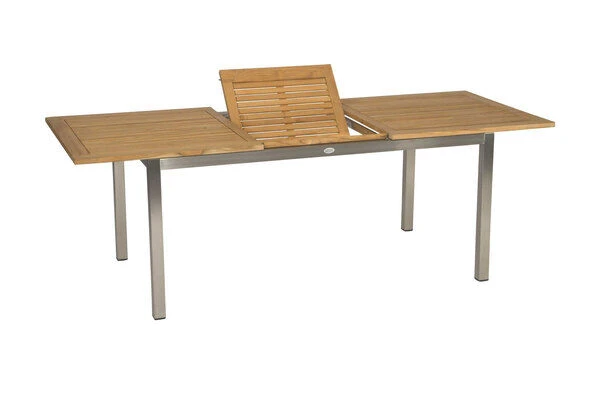 STERN Cardiff Esstischgarnitur, Silber, Edelstahl/Textilen/FSC-Teak/Alu, 162/220 X 90 Cm, Butterfly-Auszug, 6 Stapelsessel 2 STERN Cardiff Esstischgarnitur, Silber, Edelstahl/Textilen/FSC-Teak/Alu, 162/220 X 90 Cm, Butterfly-Auszug, 6 Stapelsessel – Bild 2