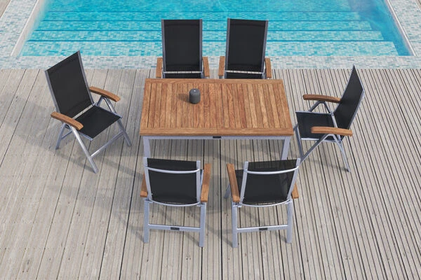 VILLANA Esstischgarnitur, Silber/schwarz, Alu/ FSC-Akazienholz, Ausziehtisch 150/200 Cm, 6 Multipositionssessel 4 VILLANA Esstischgarnitur, Silber/schwarz, Alu/ FSC-Akazienholz, Ausziehtisch 150/200 Cm, 6 Multipositionssessel – Bild 4