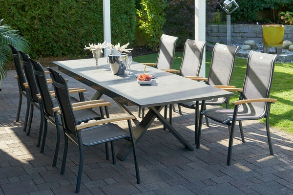 HARTMAN Sondermodell Xanadu / Alice Esstischgarnitur, Xerix/schwarz, Alu/Glaskeramik, 4x4 Textilen, 8 Stapelsessel, 220/280x100cm 2 HARTMAN Sondermodell Xanadu / Alice Esstischgarnitur, Xerix/schwarz, Alu/Glaskeramik, 4x4 Textilen, 8 Stapelsessel, 220/280x100cm – Bild 2