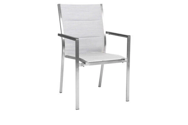 STERN Cardiff Esstischgarnitur, Silber, Edelstahl/Textilen/FSC-Teak/Alu, 162/220 X 90 Cm, Butterfly-Auszug, 6 Stapelsessel 3 STERN Cardiff Esstischgarnitur, Silber, Edelstahl/Textilen/FSC-Teak/Alu, 162/220 X 90 Cm, Butterfly-Auszug, 6 Stapelsessel – Bild 3