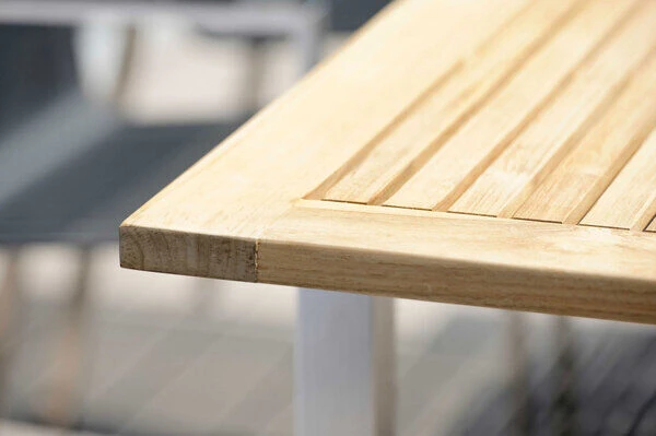 STERN Cardiff Esstischgarnitur, Silber, Edelstahl/Textilen/FSC-Teak/Alu, 162/220 X 90 Cm, Butterfly-Auszug, 6 Stapelsessel 4 STERN Cardiff Esstischgarnitur, Silber, Edelstahl/Textilen/FSC-Teak/Alu, 162/220 X 90 Cm, Butterfly-Auszug, 6 Stapelsessel – Bild 4