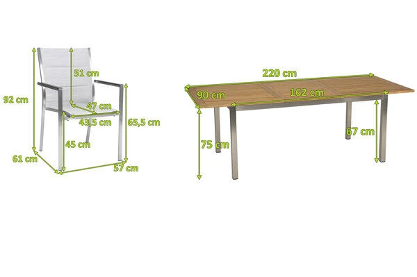 STERN Cardiff Esstischgarnitur, Silber, Edelstahl/Textilen/FSC-Teak/Alu, 162/220 X 90 Cm, Butterfly-Auszug, 6 Stapelsessel 5 STERN Cardiff Esstischgarnitur, Silber, Edelstahl/Textilen/FSC-Teak/Alu, 162/220 X 90 Cm, Butterfly-Auszug, 6 Stapelsessel – Bild 5
